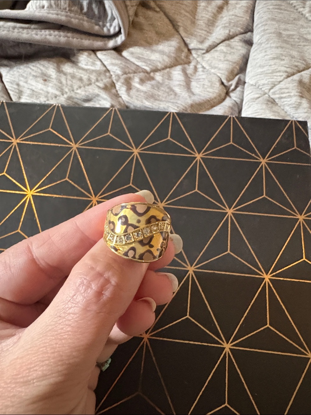 Gold Leopard Print Reptile Accessory Ring with Crystal Accent